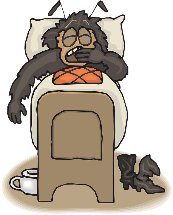 A sleepy cartoon Bug is in bed, enjoying a cup of coffee while dozing off in O'Fallon, MO